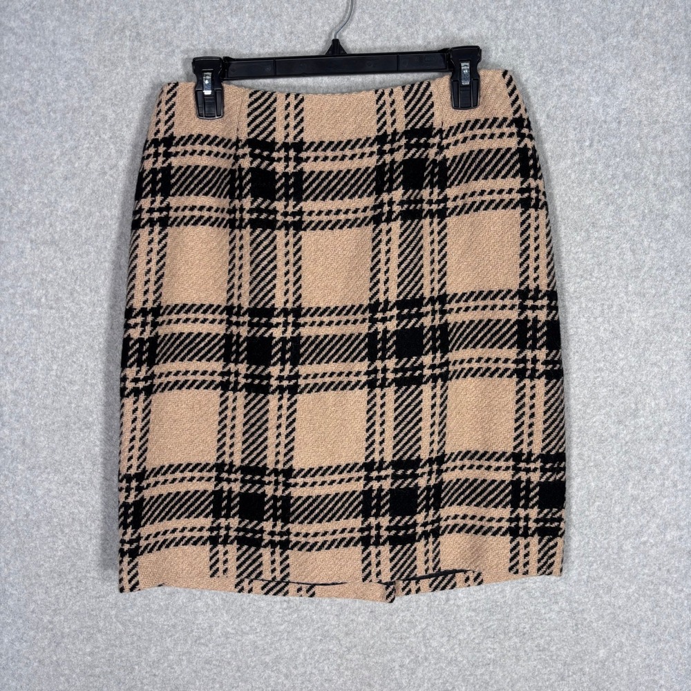 Ann Taylor LOFT Wool Tweed Pencil Skirt 10P Tan Black Plaid Neutral Old Money